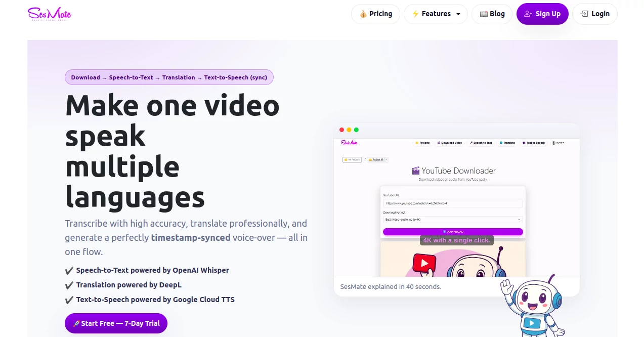 Screenshot of SesMate – An AI tool in the ,AI Translate ,AI Transcription ,AI Video Generator ,AI Speech Synthesis  category, showcasing its interface and key features.