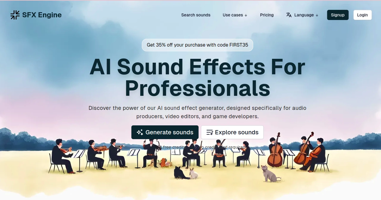 Screenshot of SFX Engine – An AI tool in the ,AI Content Generator ,AI Audio Enhancer ,AI Music Generator ,AI Voice & Audio Editing  category, showcasing its interface and key features.