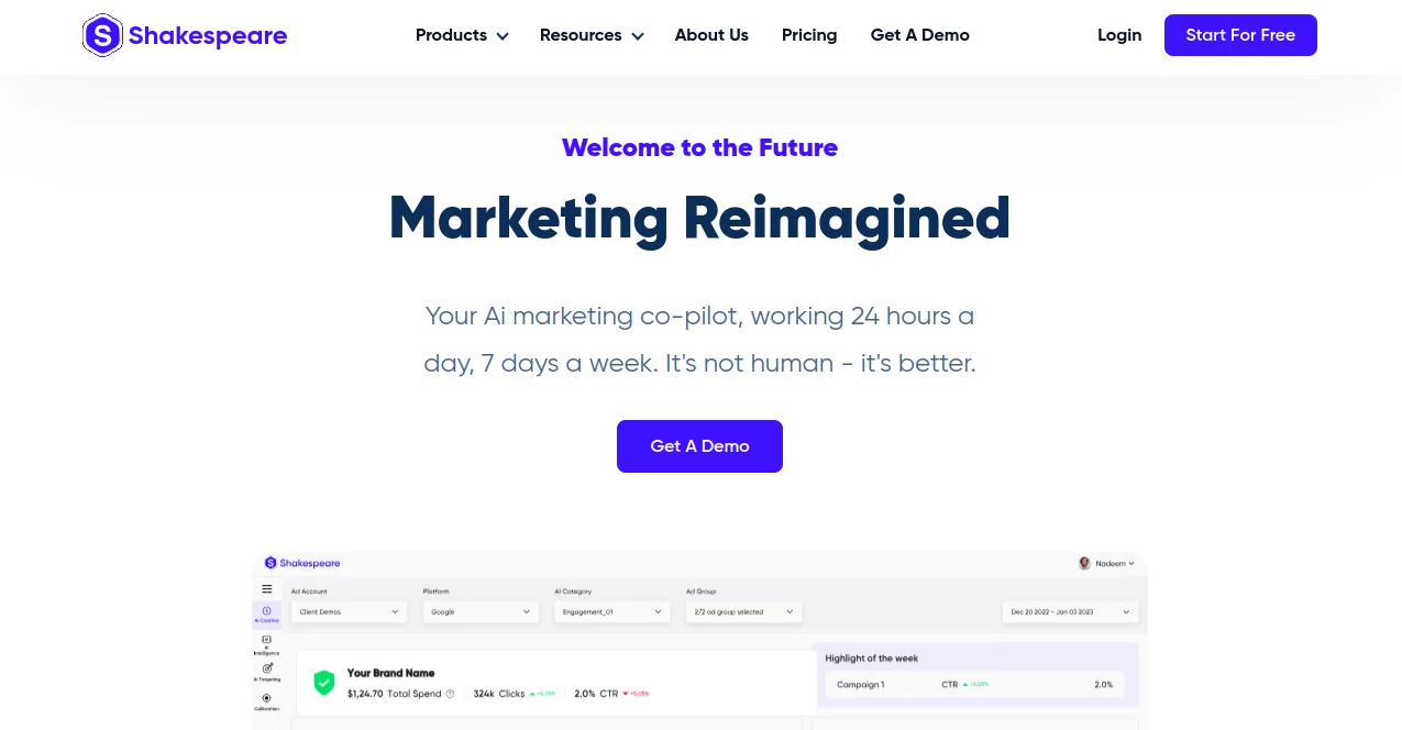 Screenshot of Shakespeare AI – An AI tool in the ,AI Advertising Assistant ,AI Analytics Assistant ,AI Ad Creative Assistant ,AI Marketing Plan Generator  category, showcasing its interface and key features.