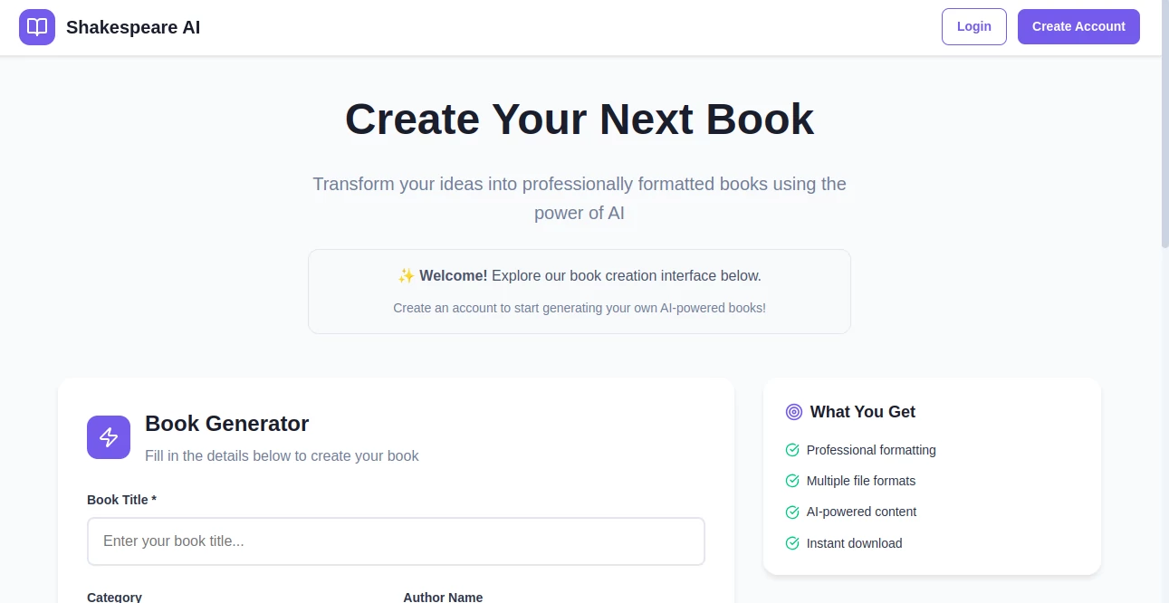 Screenshot of Shakespeare AI – An AI tool in the ,AI Script Writing ,AI Story Writing ,AI Poem & Poetry Generator ,AI Creative Writing  category, showcasing its interface and key features.