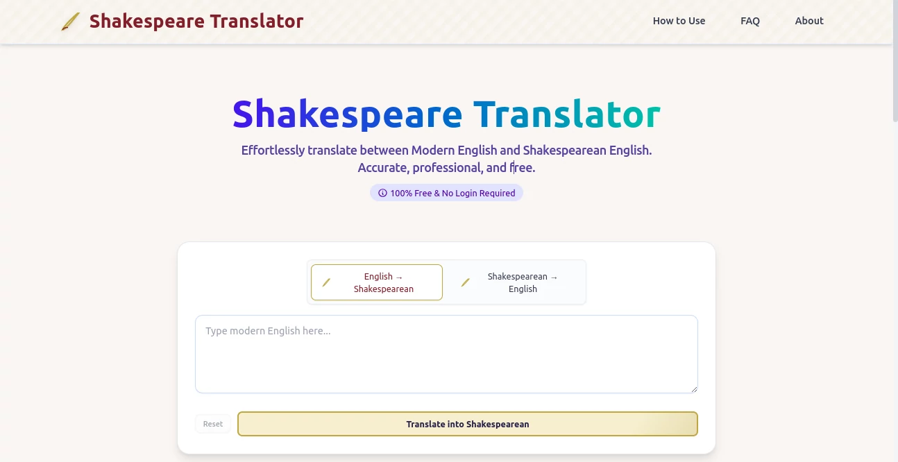 Screenshot of Shakespeare Translator – An AI tool in the ,AI Translate  category, showcasing its interface and key features.