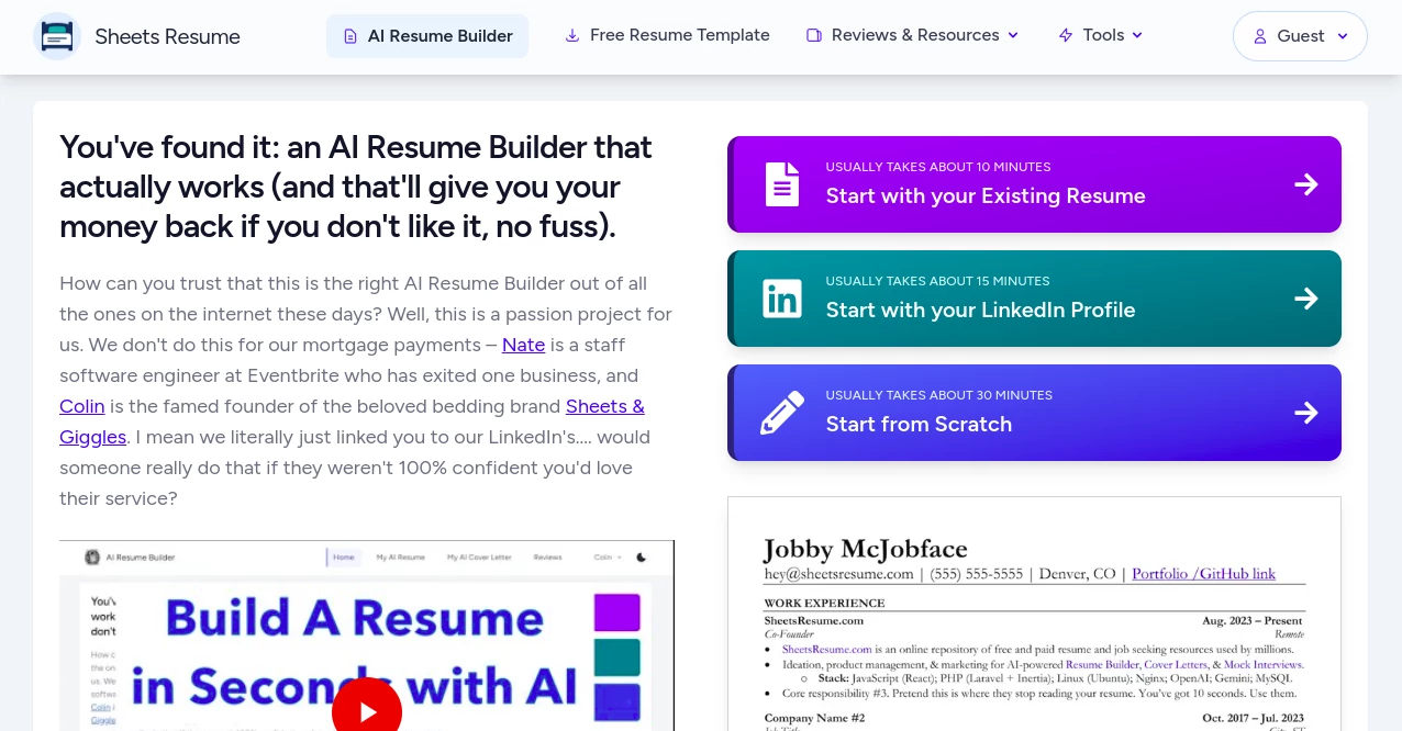 Screenshot of Sheets Resume – An AI tool in the ,AI Interview Assistant ,AI Recruiting ,AI Resume Builder ,AI Cover Letter Generator  category, showcasing its interface and key features.