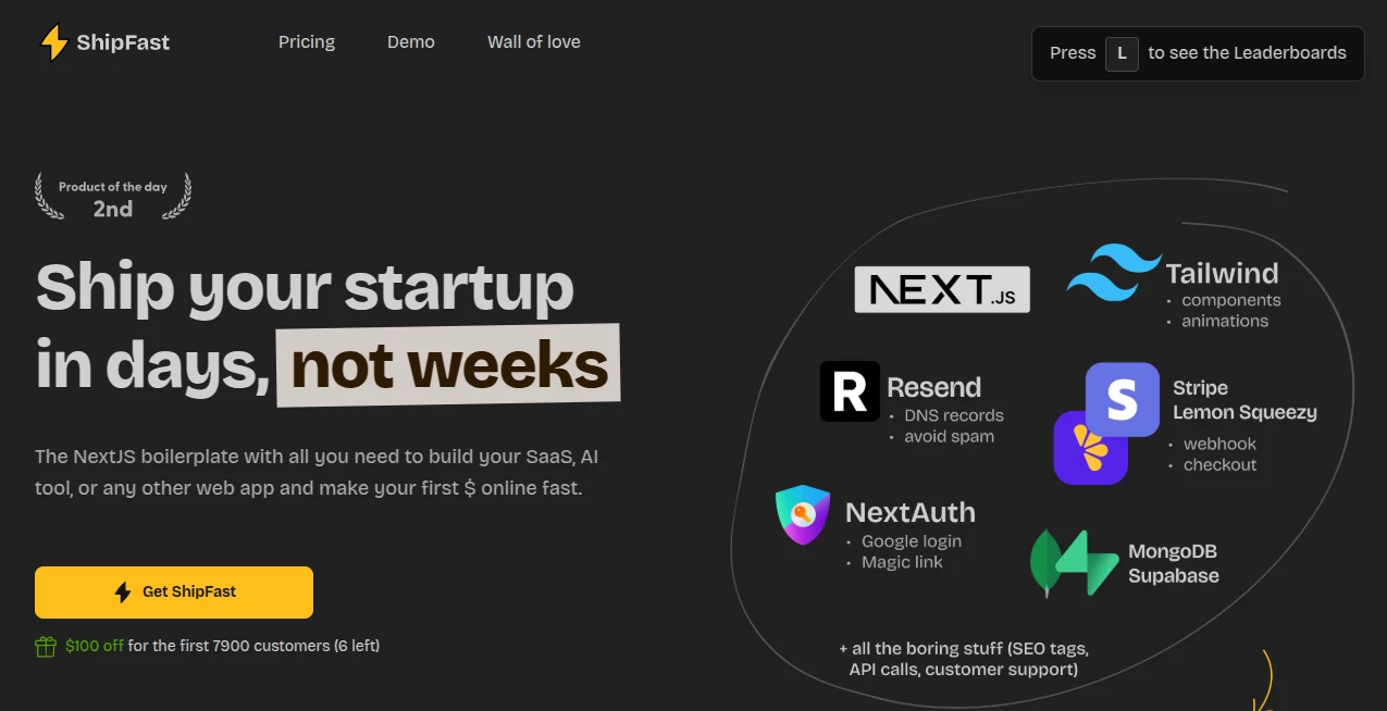 Screenshot of ShipFast – An AI tool in the ,AI No-Code & Low-Code ,AI Developer Tools ,AI App Builder ,AI E-commerce Assistant  category, showcasing its interface and key features.