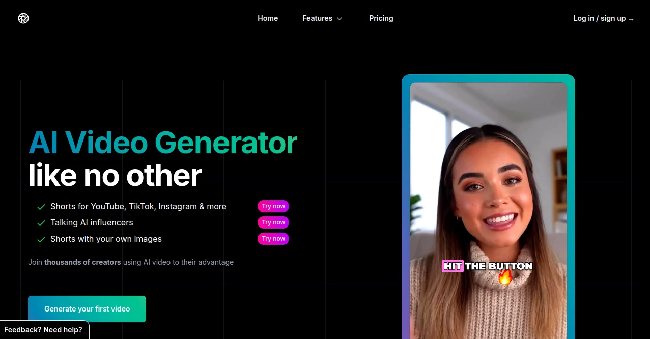 Screenshot of ShortsAI – An AI tool in the ,AI Content Generator ,AI UGC Video Generator ,AI Video Generator ,AI Short Clips Generator  category, showcasing its interface and key features.