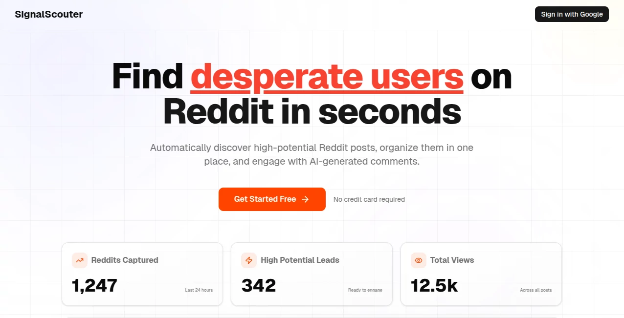 Screenshot of SignalScouter – An AI tool in the ,AI Social Media Assistant ,AI Marketing Plan Generator ,AI Response Generator ,AI Lead Generation  category, showcasing its interface and key features.
