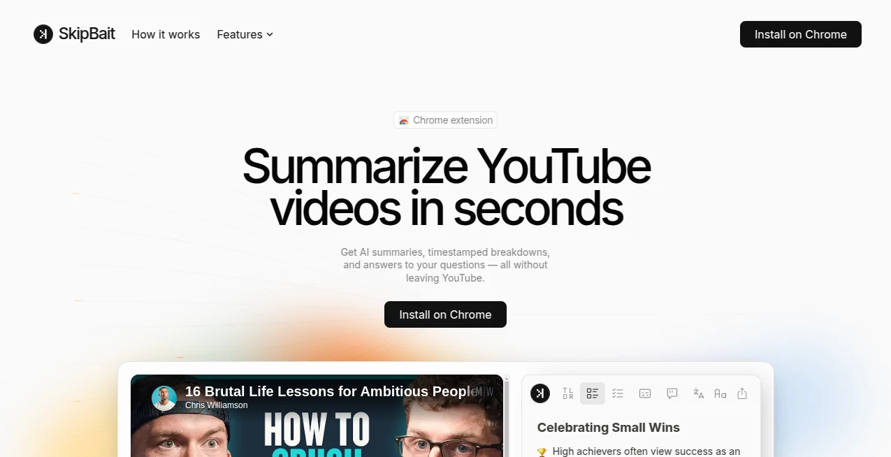Screenshot of SkipBait – An AI tool in the ,AI Summarizer ,AI Transcription ,AI YouTube Assistant ,AI Productivity Tools  category, showcasing its interface and key features.