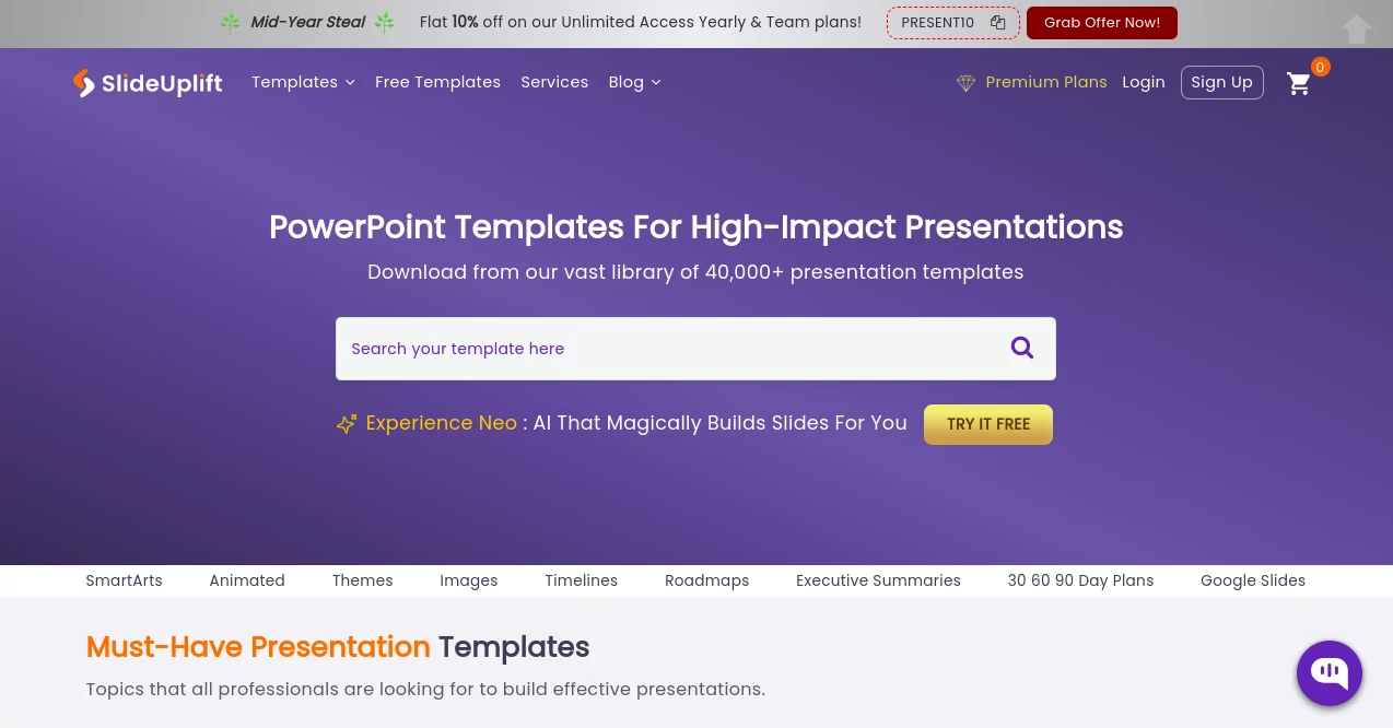 Screenshot of Slideuplift – An AI tool in the ,Photo & Image Editor ,AI Design Generator ,AI Presentation Generator ,AI Diagram Generator  category, showcasing its interface and key features.