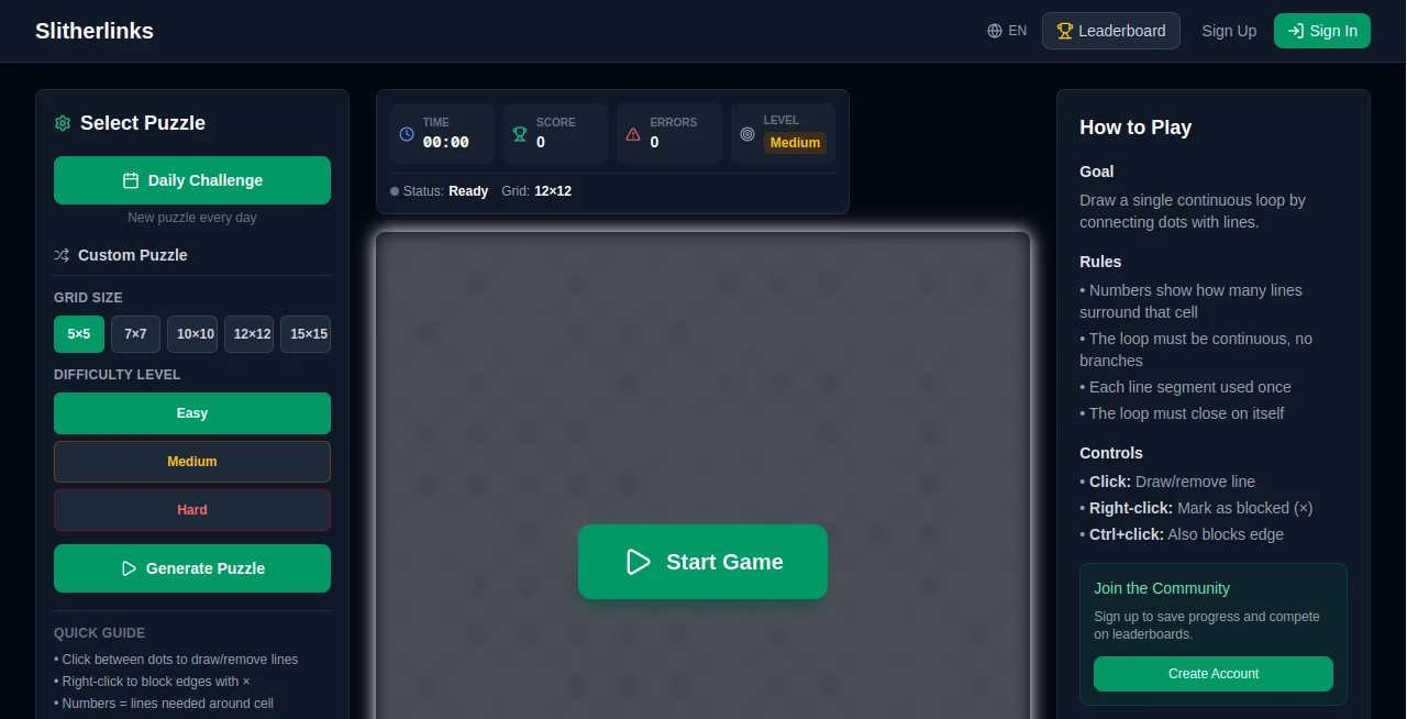 Screenshot of Slitherlink Online – An AI tool in the ,AI Fun Tools  category, showcasing its interface and key features.
