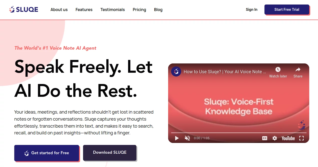 Screenshot of SLUQE – An AI tool in the ,AI Transcription ,AI Speech to Text ,AI Meeting Assistant ,AI Notes Assistant  category, showcasing its interface and key features.
