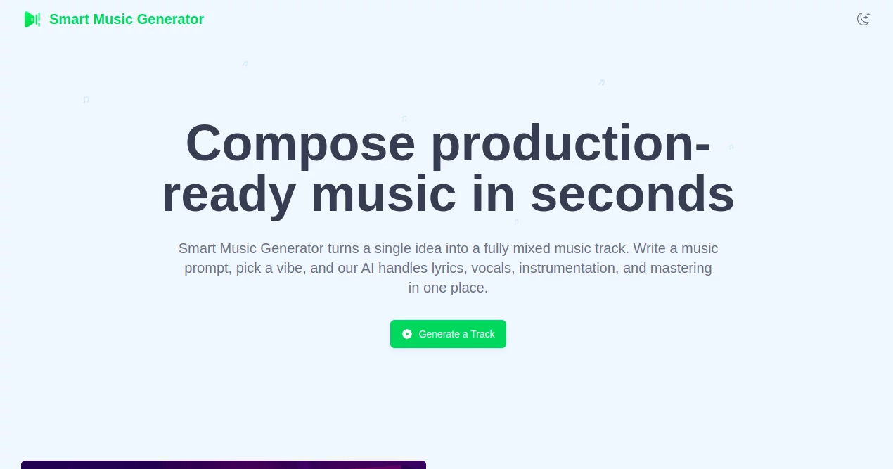 Screenshot of Smart Music Generator – An AI tool in the ,AI Music Generator ,AI Voice Cloning ,AI Text to Music ,AI Singing Generator  category, showcasing its interface and key features.