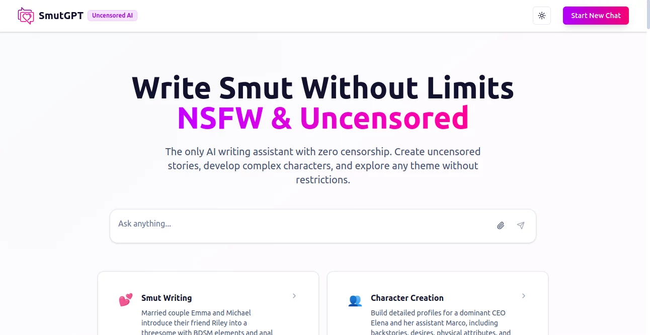 Screenshot of SmutGPT – An AI tool in the ,NSFW  category, showcasing its interface and key features.