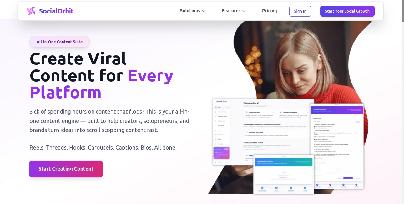 Screenshot of SocialOrbit – An AI tool in the ,AI Content Generator ,AI Social Media Assistant ,AI Hashtag Assistant ,AI Marketing Plan Generator  category, showcasing its interface and key features.