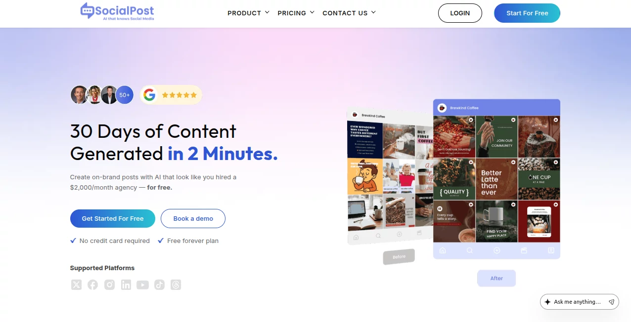 Screenshot of SocialPost – An AI tool in the ,AI Content Generator ,AI Analytics Assistant ,AI Social Media Assistant ,AI Marketing Plan Generator  category, showcasing its interface and key features.