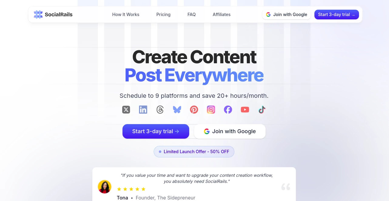Screenshot of SocialRails – An AI tool in the ,AI Content Generator ,AI Video Generator ,AI Social Media Assistant ,AI Scheduling  category, showcasing its interface and key features.