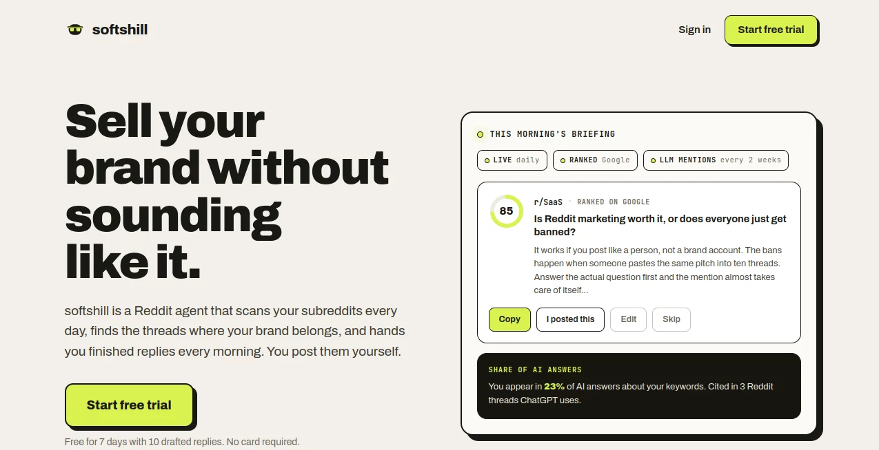Screenshot of softshill – An AI tool in the ,AI Social Media Assistant ,AI Marketing Plan Generator ,AI Digital Marketing Generator ,AI Lead Generation  category, showcasing its interface and key features.