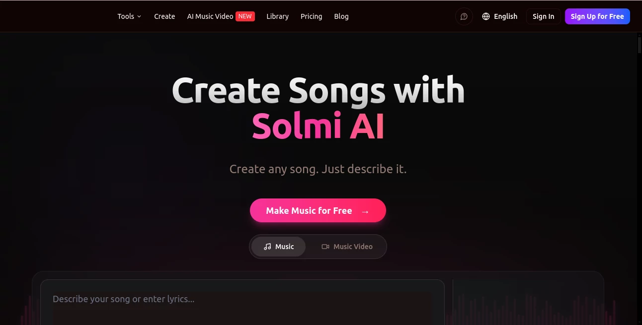 Screenshot of Solmi AI – An AI tool in the ,AI Text to Music ,AI Lyrics Generator ,AI Music Generator ,AI Voice & Audio Editing  category, showcasing its interface and key features.