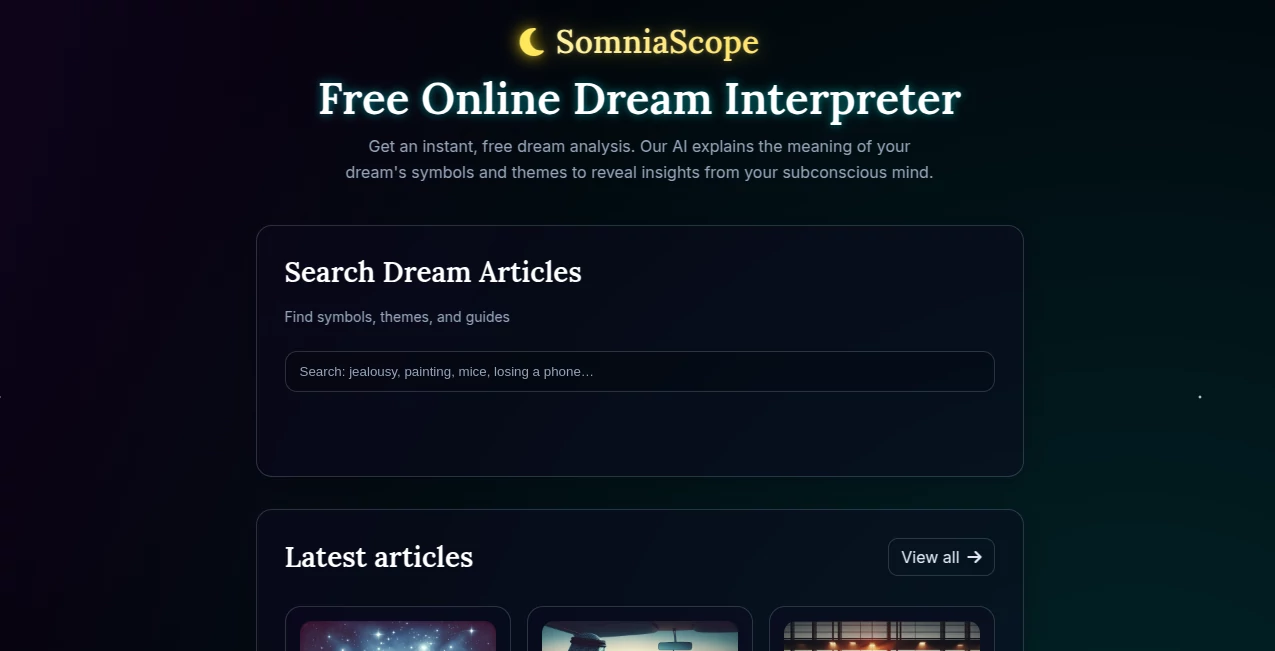Screenshot of SomniaScope AI Dream Interpreter – An AI tool in the ,AI Life Assistant ,AI Fun Tools  category, showcasing its interface and key features.