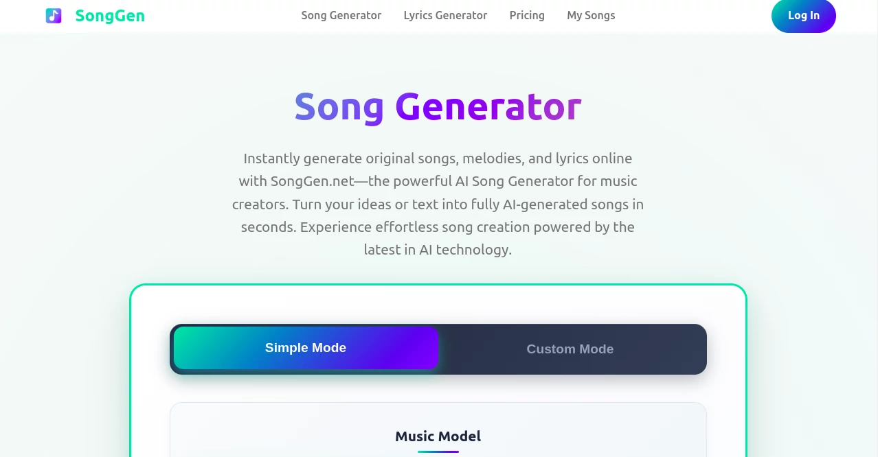 Screenshot of SongGen – An AI tool in the ,AI Lyrics Generator ,AI Music Generator ,AI Text to Music ,AI Singing Generator  category, showcasing its interface and key features.