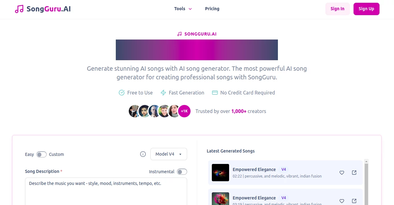 Screenshot of SongGuru.AI – An AI tool in the ,AI Lyrics Generator ,AI Music Generator ,AI Text to Music  category, showcasing its interface and key features.