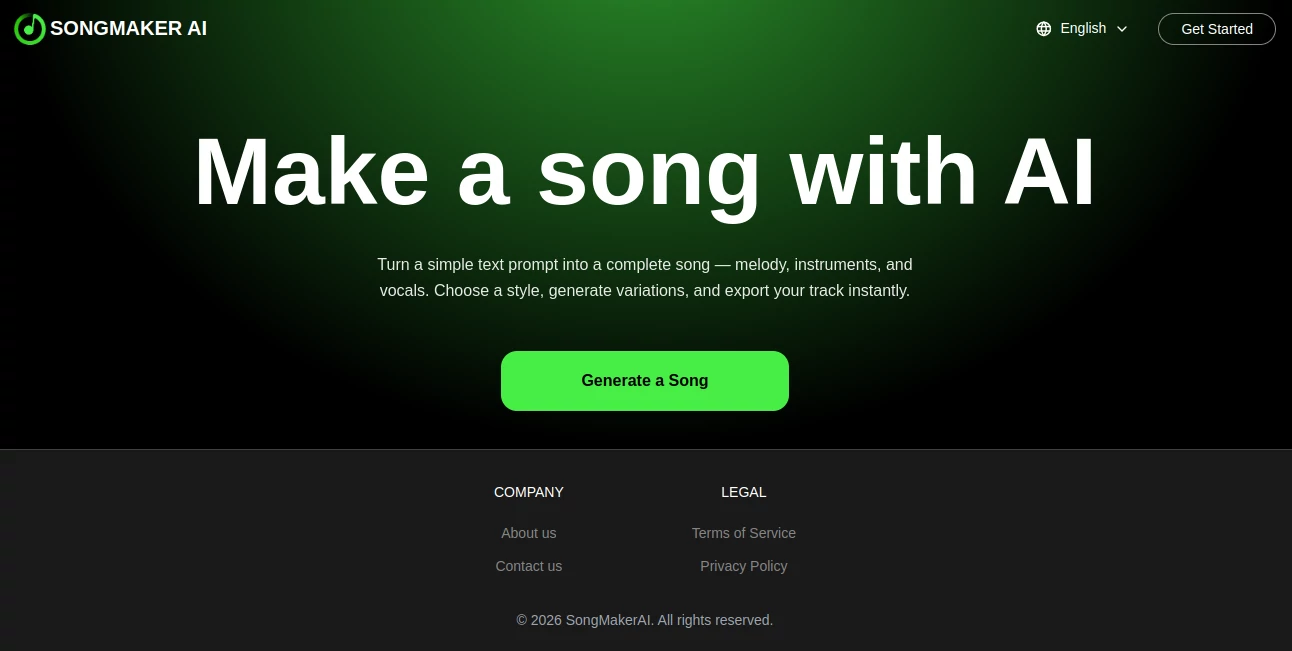 Screenshot of SONGMAKER AI – An AI tool in the ,AI Lyrics Generator ,AI Music Generator ,AI Text to Music ,AI Singing Generator  category, showcasing its interface and key features.