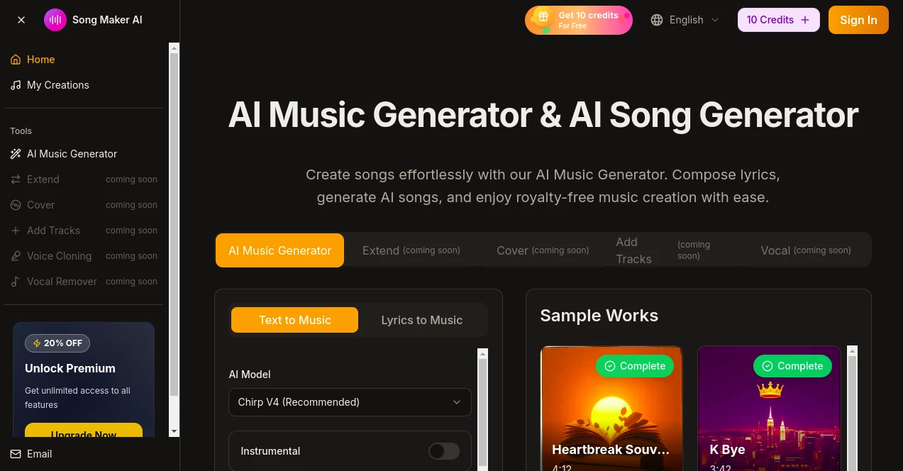 Screenshot of Song Maker AI – An AI tool in the ,AI Lyrics Generator ,AI Music Generator ,AI Text to Music ,AI Singing Generator  category, showcasing its interface and key features.