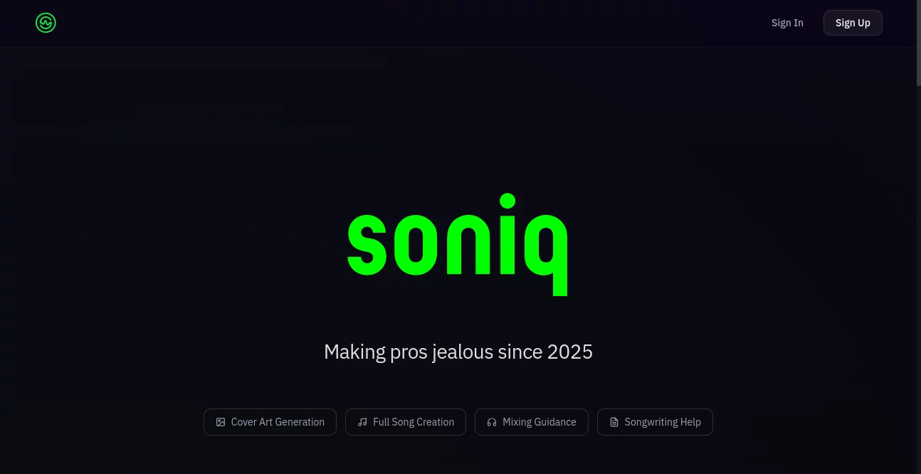 Screenshot of Soniq Chat – An AI tool in the ,AI Text to Music ,AI Audio Enhancer ,AI Music Generator ,AI Cover Generator  category, showcasing its interface and key features.