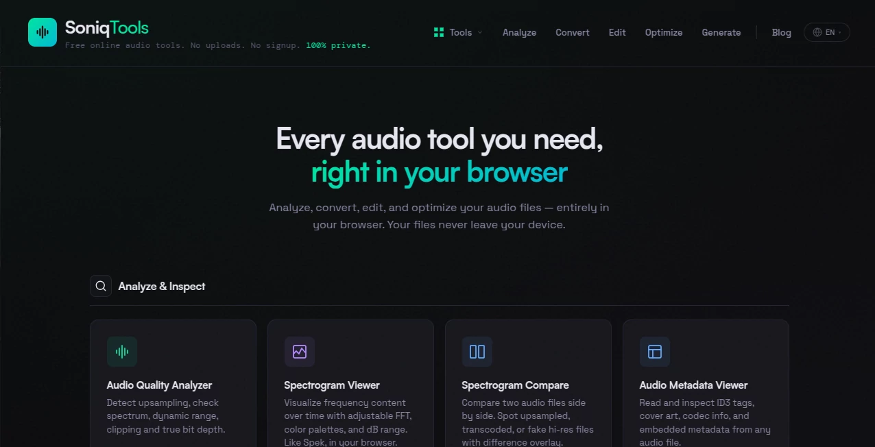 Screenshot of SoniqTools – An AI tool in the ,AI Tools Directory  category, showcasing its interface and key features.