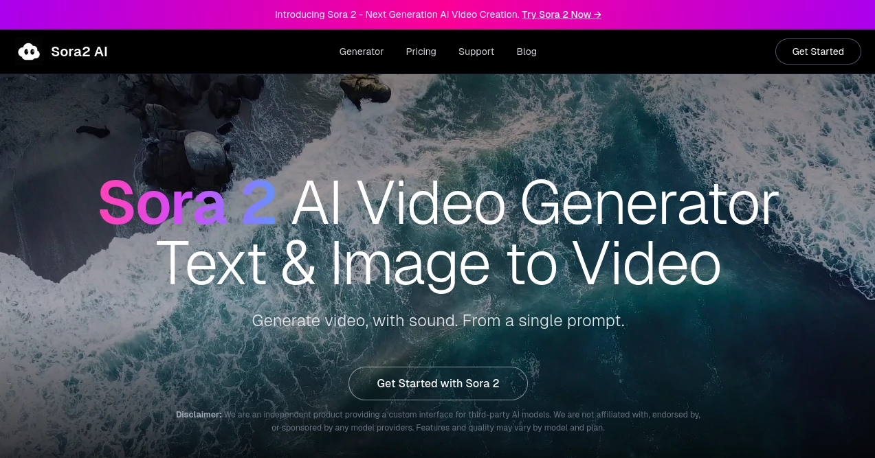 Screenshot of Sora2 AI – An AI tool in the ,AI Animated Video ,AI Image to Video ,AI Text to Video ,AI Video Generator  category, showcasing its interface and key features.