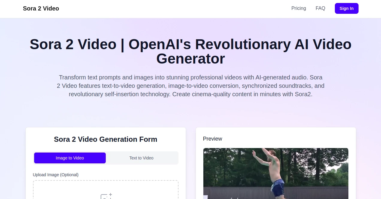 Screenshot of Sora 2 Video – An AI tool in the ,AI Animated Video ,AI Image to Video ,AI Video Generator ,AI Text to Video  category, showcasing its interface and key features.