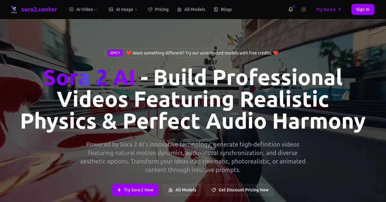 Screenshot of sora2.center – An AI tool in the ,AI Animated Video ,AI Image to Video ,AI Text to Video ,AI Video Generator  category, showcasing its interface and key features.