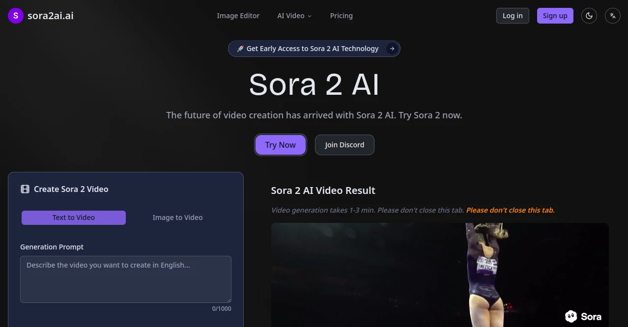 Screenshot of sora2ai.ai – An AI tool in the ,AI Animated Video ,AI Image to Video ,AI Text to Video ,AI Video Generator  category, showcasing its interface and key features.