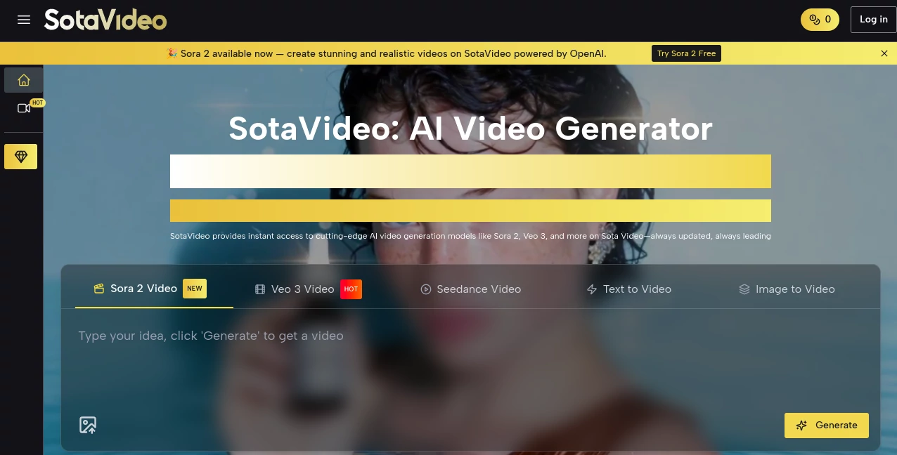 Screenshot of SotaVideo – An AI tool in the ,AI Animated Video ,AI Image to Video ,AI Text to Video ,AI Video Generator  category, showcasing its interface and key features.