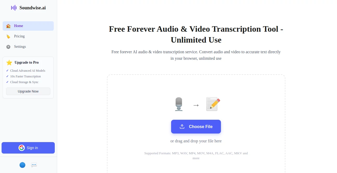 Screenshot of SoundWise AI – An AI tool in the ,AI Transcription ,AI Audio Enhancer ,AI Speech to Text ,AI Video Recording  category, showcasing its interface and key features.