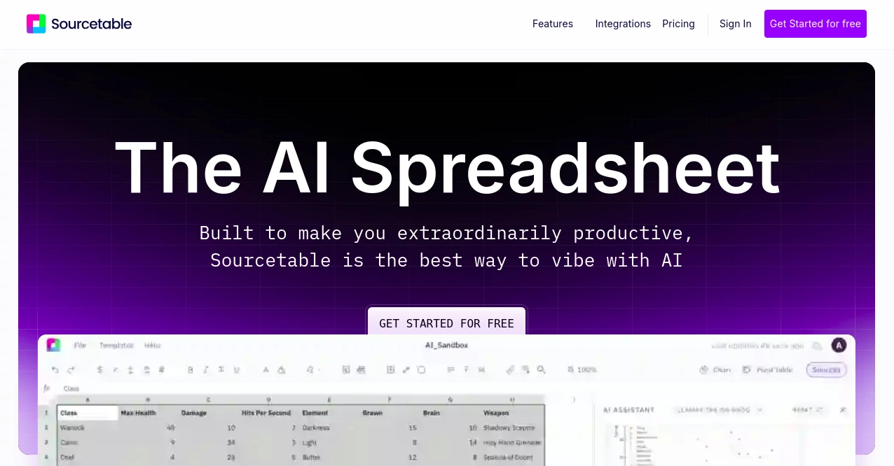 Screenshot of Sourcetable – An AI tool in the ,AI Content Generator ,AI Data Mining ,AI Tax Assistant ,Prompt ,AI Files Assistant ,AI Documents Assistant ,AI Document Extraction ,AI Diagram Generator ,AI Project Management ,AI Workflow Management ,AI Notes Assistant ,AI Team Collaboration ,AI Task Management ,AI Productivity Tools ,AI PDF ,AI Spreadsheet ,AI Education Assistant ,AI Knowledge Management ,AI Course ,AI Tutorial ,AI Knowledge Graph ,AI Knowledge Base ,AI Coaching ,AI Homework Helper ,AI Rewriter ,AI Recipe Assistant ,AI Trip Planner ,AI Chatbot ,AI Lead Generation ,AI Email Generator ,AI Marketing Plan Generator ,AI CRM Assistant ,AI SEO Assistant ,AI Analytics Assistant ,AI E-commerce Assistant ,AI Sales Assistant ,AI Investing Assistant ,AI Consulting Assistant ,AI Research Tool ,AI Accounting Assistant ,AI Speech to Text ,AI SQL Query Builder ,AI Code Generator ,AI Code Assistant ,AI No-Code & Low-Code ,AI Maps Generator ,AI Product Description Generator ,AI Summarizer ,AI Copywriting ,Large Language Models (LLMs)  category, showcasing its interface and key features.