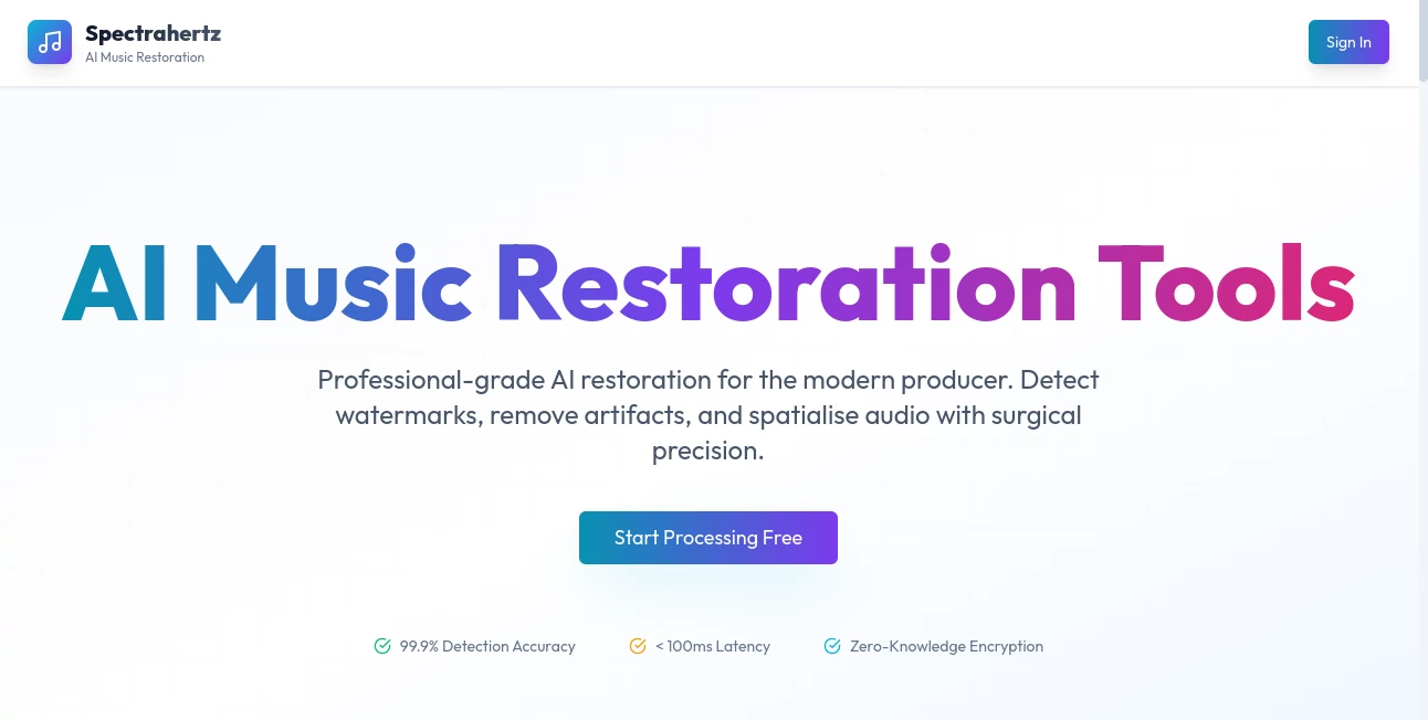 Screenshot of Spectrahertz – An AI tool in the ,AI Audio Enhancer ,AI Music Generator ,AI Voice & Audio Editing  category, showcasing its interface and key features.