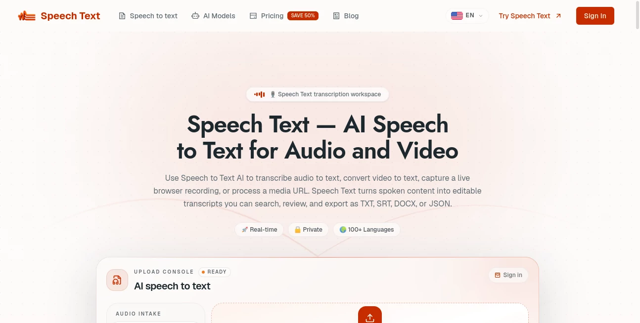 Screenshot of Speech Text – An AI tool in the ,AI Productivity Tools ,AI Transcription ,AI Speech to Text ,AI Voice & Audio Editing  category, showcasing its interface and key features.