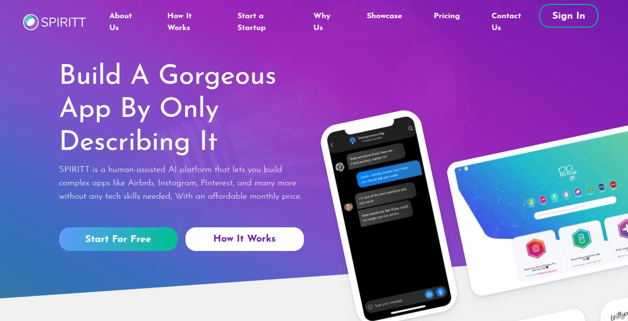 Screenshot of SPIRITT – An AI tool in the ,AI Website Builder ,AI No-Code & Low-Code ,AI Developer Tools ,AI App Builder  category, showcasing its interface and key features.