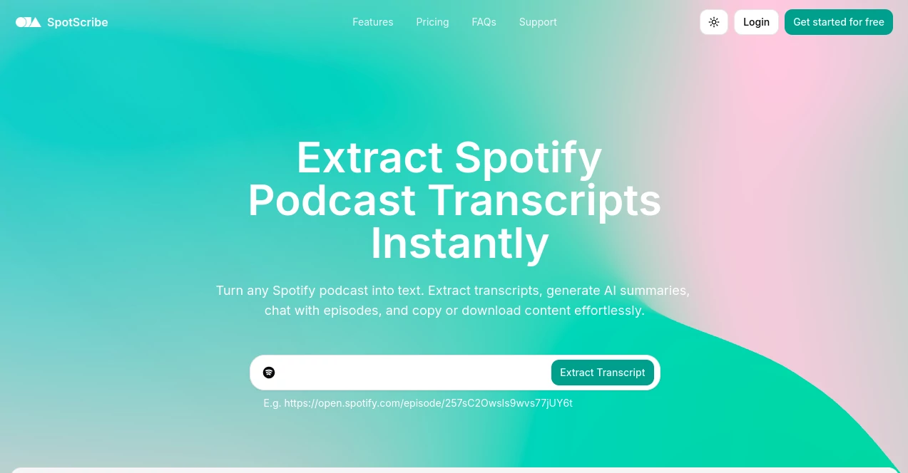 Screenshot of SpotScribe – An AI tool in the ,AI Summarizer ,AI Transcription ,AI Podcast Assistant ,AI Notes Assistant  category, showcasing its interface and key features.