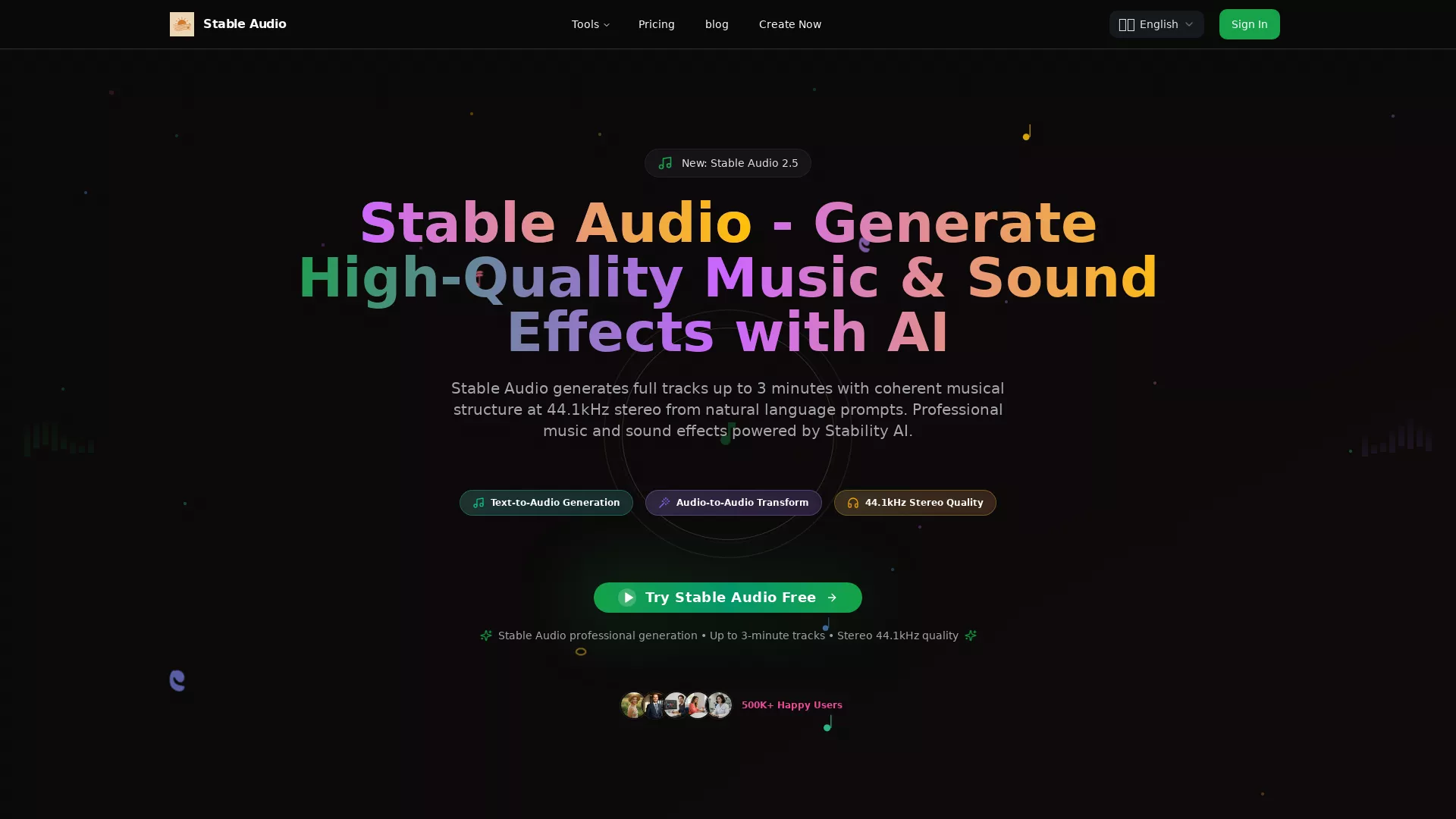 Screenshot of Stable Audio – An AI tool in the ,AI Audio Enhancer ,AI Music Generator ,AI Voice Changer ,AI Text to Music  category, showcasing its interface and key features.