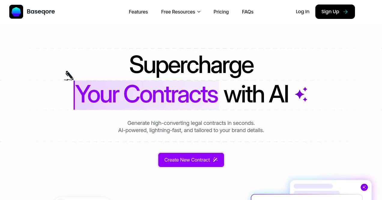 Screenshot of Baseqore AI Contract Generator – An AI tool in the ,AI Legal Assistant ,AI Contract Management ,AI Document Extraction ,AI Documents Assistant  category, showcasing its interface and key features.