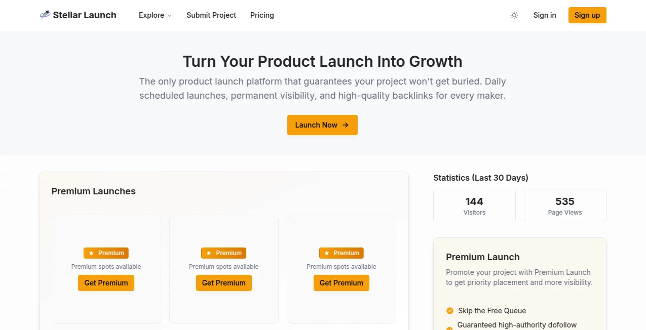 Screenshot of Stellar Launch – An AI tool in the ,AI Tools Directory  category, showcasing its interface and key features.
