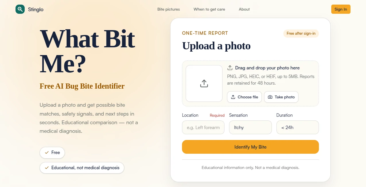 Screenshot of Stinglo – An AI tool in the ,AI Image Scanning ,AI Image Recognition ,AI Life Assistant ,AI Healthcare  category, showcasing its interface and key features.