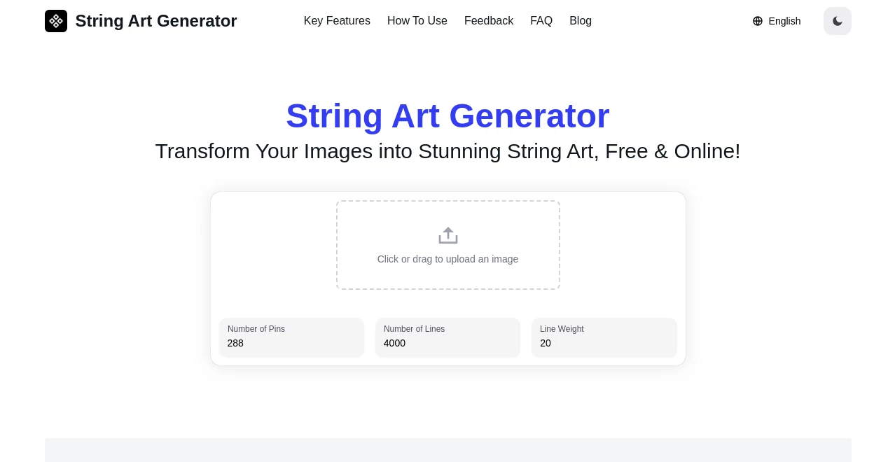 Screenshot of String Art Generator – An AI tool in the ,AI Photo & Image Generator ,Design & Art ,AI Art Generator ,AI Design Generator  category, showcasing its interface and key features.