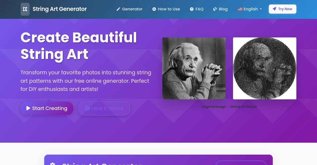 Screenshot of stringartgenerator – An AI tool in the ,AI Art Generator ,AI Design Generator ,AI Education Assistant ,Design & Art  category, showcasing its interface and key features.