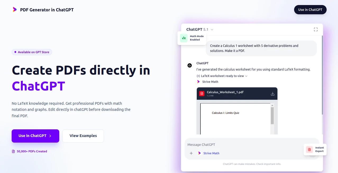Screenshot of PDF Generator in ChatGPT – An AI tool in the ,AI Homework Helper ,AI PDF  category, showcasing its interface and key features.