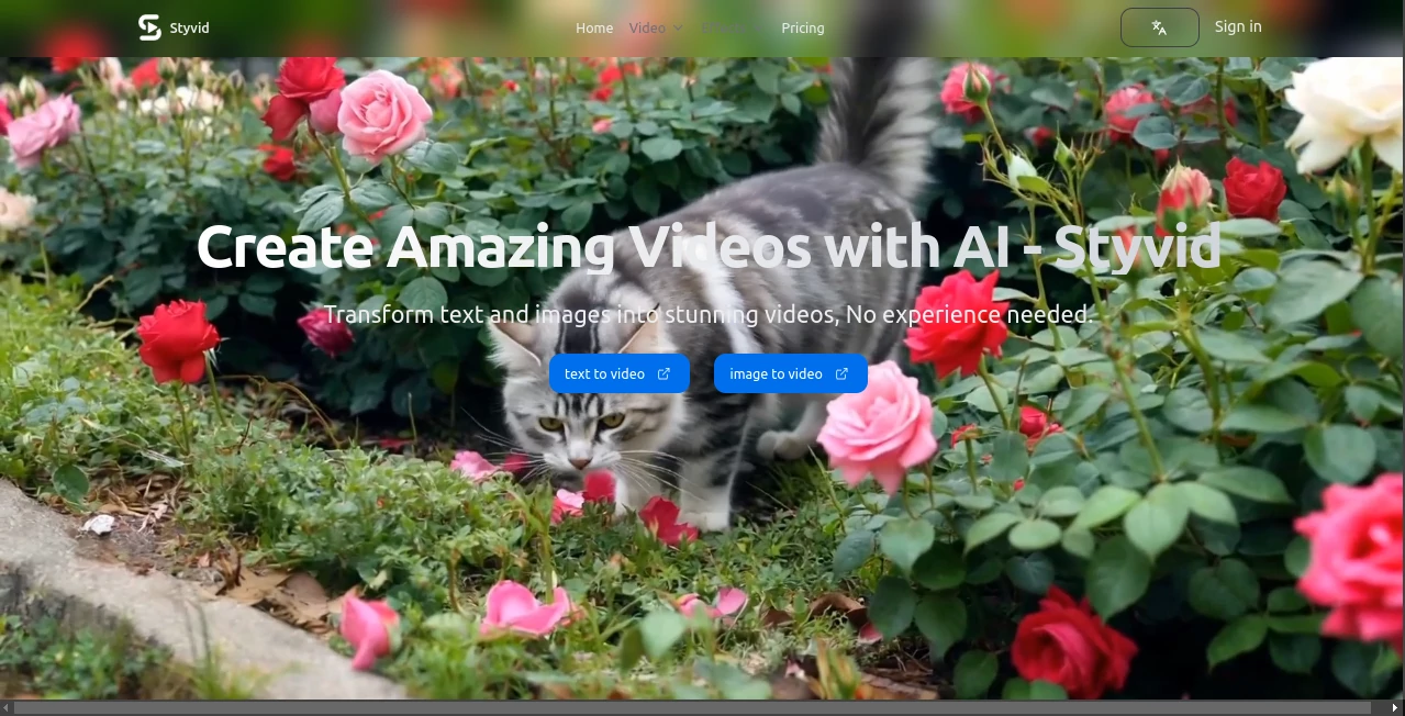 Screenshot of Styvid – An AI tool in the ,AI Image to Video ,AI Video Editor ,AI Text to Video ,AI Video Generator  category, showcasing its interface and key features.