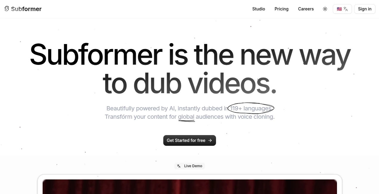 Screenshot of Subformer – An AI tool in the ,AI Video Editor ,AI Text to Speech ,AI Speech to Text ,AI Voice Cloning  category, showcasing its interface and key features.