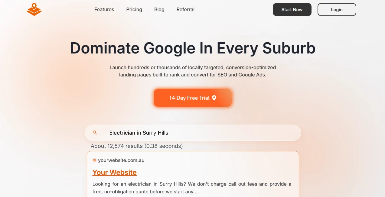 Screenshot of Suburb Stack – An AI tool in the ,AI Landing Page Builder ,AI Website Builder ,AI SEO Assistant ,AI Marketing Plan Generator  category, showcasing its interface and key features.