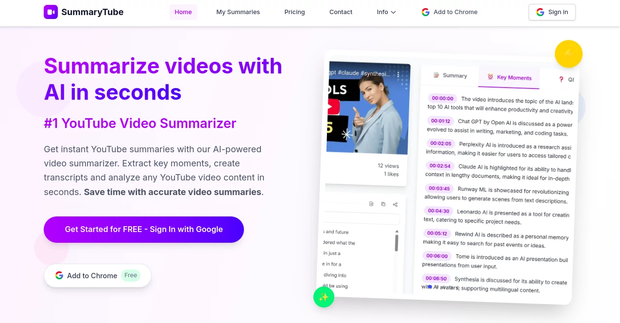 Screenshot of SummaryTube – An AI tool in the ,AI Summarizer ,AI Education Assistant ,AI Productivity Tools  category, showcasing its interface and key features.