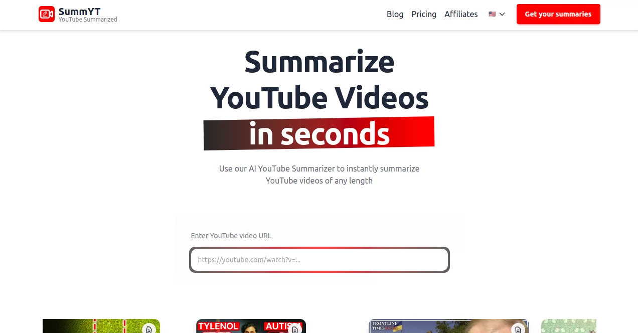 Screenshot of SummYT – An AI tool in the ,AI Summarizer ,AI Transcription ,AI Content Generator ,AI Video Enhancer  category, showcasing its interface and key features.